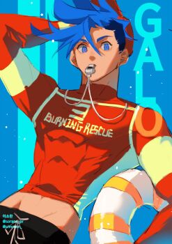Rule 34 | 1boy, abs, arm up, baseball cap, black pants, blowing whistle, blue background, blue eyes, blue hair, character name, commentary, compression shirt, drawstring, dutch angle, galo thymos, groin, hand in own hair, hat, highres, lifebuoy, lifeguard, long sleeves, looking at viewer, male focus, midriff peek, mohawk, pants, pectorals, promare, red hat, red shirt, shirt, shorts, simple background, so-rann, swim ring, twitter username, whistle
