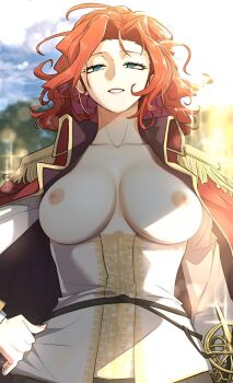 1girl alicia_magentano blue_eyes blurry blurry_background breasts breasts_out cape collarbone epaulettes eyelashes highres long_hair looking_at_viewer non-web_source red_hair solo source_request sunlight sword wavy_hair weapon