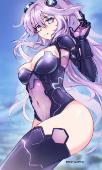1girl absurdres blue_eyes blurry blurry_background breasts cleavage cleavage_cutout clothing_cutout covered_navel cow cowboy_shot d-pad d-pad_hair_ornament gloves hair_between_eyes hair_ornament highres large_breasts leotard long_hair looking_at_viewer neptune_(series) nyanmech parted_lips power_symbol power_symbol-shaped_pupils purple_hair purple_heart_(neptunia) purple_leotard purple_thighhighs solo symbol-shaped_pupils teeth thighhighs thighs very_long_hair