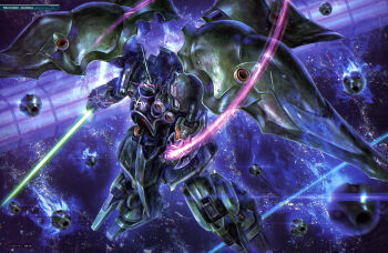 absurdres battle beam_cannon energy_sword gundam gundam_perfect_file gundam_unicorn highres kinoshita_tomotake kshatriya machinery magazine_scan mecha mecha_focus mobile_suit neo_zeon no_humans o'neill_cylinder painting_(medium) realistic robot scan scene_reference science_fiction space_habitat sword thrusters traditional_media weapon zero_gravity