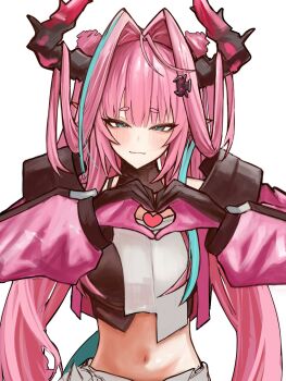 Rule 34 | arknights, arknights: endfield, bare shoulders, black gloves, blue eyes, commentary request, crop top, dragon girl, dragon horns, dragon tail, drill hair, gloves, ha (huton in mach), hair intakes, heart, heart hands, highres, horns, long hair, looking at viewer, multicolored gloves, multicolored hair, pants, pink hair, sidelocks, streaked hair, tail, tight clothes, tight pants, two-tone gloves, upper body, v, white pants, yvonne (arknights)