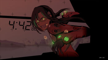 00s 1girl building clock cockpit crazy_eyes evangelion:_2.0_you_can_(not)_advance female_focus glasses glowing glowing_eyes green_eyes grin highres lake makinami_mari_illustrious neon_genesis_evangelion rebuild_of_evangelion scenery smile solo teeth timer