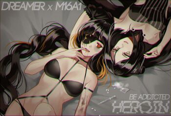 2girls black_bra black_hair blush bra breasts commentary_request dreamer_(girls'_frontline) girls'_frontline grey_background injection korean_commentary long_hair looking_at_viewer lying m16a1_(girls'_frontline) medium_breasts mole mole_under_eye multicolored_hair multiple_girls open_mouth pill red_eyes scar scar_across_eye scar_on_face silence_girl smile underwear yellow_eyes