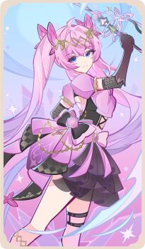 1girl absurdres black_dress black_gloves blue_eyes bow butterfly_hair_ornament chinese_commentary closed_mouth commentary_request dress elbow_gloves genius_invokation_tcg_(style) gloves hair_between_eyes hair_ornament highres holding holding_sword holding_weapon long_hair looking_at_viewer looking_back maomaokeyi_chijiumengma original pink_bow pink_hair puffy_short_sleeves puffy_sleeves short_sleeves smile solo sword twintails wand weapon