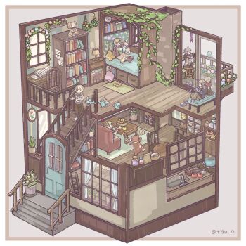 2girls 4boys animal bear bed bird blonde_hair book bookshelf border chair chigu closed_mouth commentary_request couch cup curtains dog floorplan flower grey_hair highres holding holding_book hood hoodie indoors lamp multiple_boys multiple_girls on_bed open_book open_mouth original outside_border pants pillow plant potted_plant round_table short_hair sitting smile stairs standing table twitter_username white_border window