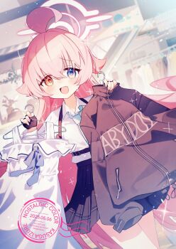 Rule 34 | 1girl, ahoge, aqua necktie, black gloves, black jacket, black skirt, blue archive, blue eyes, blush, clothes hanger, collared shirt, commentary, cowboy shot, dated, dress, fang, fingerless gloves, gloves, hair between eyes, halo, heterochromia, highres, holding, holding clothes hanger, hoshino (blue archive), huge ahoge, interior, jacket, kasuga haruhi, long hair, looking at viewer, necktie, open mouth, pink hair, pink halo, plaid clothes, plaid skirt, pleated skirt, shirt, shop, skin fang, skirt, sundress, white dress, white shirt, yellow eyes