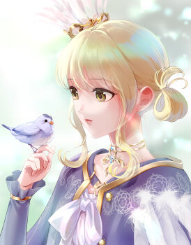 Rule 34 | 1girl, absurdres, bird, bird on hand, blonde hair, blue bird, blue jacket, bow, bowtie, choker, closed mouth, collarbone, crown, day, feathers, forest, frilled sleeves, frills, gold choker, highres, jacket, koro (akikoyama), light particles, lipstick, long sleeves, looking at animal, makeup, mini crown, nature, nightingale and mist (shining nikki), nikki (series), open clothes, open jacket, outdoors, pink lips, pointy nose, shining nikki, shirt, short hair with long locks, solo, upper body, white bow, white bowtie, white crown, white shirt, yellow eyes