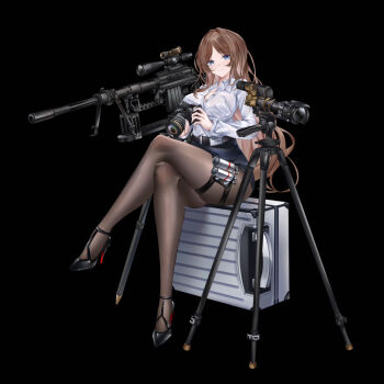 1girl bang_dream! bang_dream!_it's_mygo!!!!! black_background black_shoes black_skirt blue_eyes bolt_action breasts brown_hair camera cheytac_m200 chinese_commentary cleavage closed_mouth collared_shirt commentary_request dress_shirt explosive grenade gun high_heels holding holding_camera iue_(pixiv_95802465) large_breasts long_sleeves nagasaki_soyo rifle shirt shoes simple_background sitting skirt sniper_rifle solo suitcase thigh_strap tripod weapon white_shirt