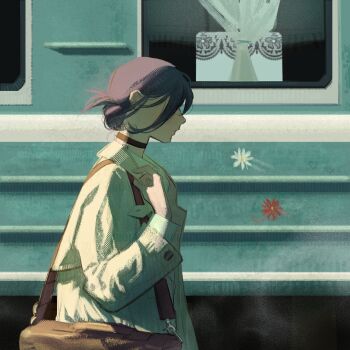 1girl absurdres bag black_choker brown_bag chainsaw_man choker coat commentary flower grenade_pin hair_between_eyes hair_bun hair_over_eyes highres ilish.er medium_hair profile purple_hair red_flower reze_(chainsaw_man) shirt shoulder_bag solo train updo upper_body walking white_coat white_flower white_shirt