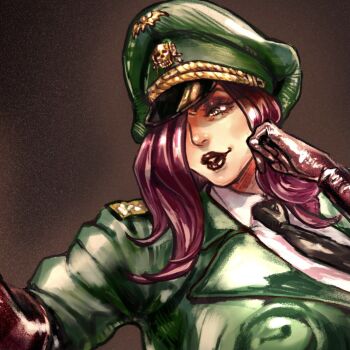 1girl black_lips bubububu_bbb eyeshadow gloves hair_over_one_eye hat lipstick long_hair makeup military military_hat military_uniform necktie peaked_cap solo uniform