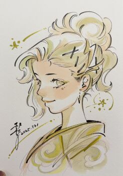 1girl 2025 blonde_hair earrings eyeshadow hair_ornament hairclip highres japanese_clothes jewelry kimono lightning_bolt_earrings lightning_bolt_symbol looking_at_viewer looking_to_the_side makeup marvel maystorm_(marvel) official_artist_extra painting_(medium) peach_momoko ponytail portrait signature sketch smile solo traditional_media watercolor_(medium) x-men yellow_eyes yellow_eyeshadow yellow_kimono yellow_lips yellow_theme