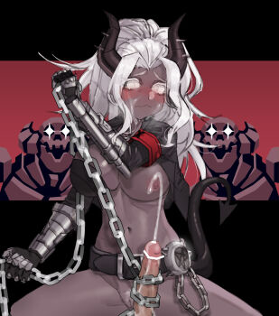 1boy 1girl absurdres bar_censor censored chain cum demon_girl helltaker highres judgement_(helltaker) long_hair penis segmented_horns white_hair