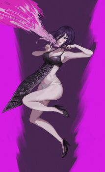 1girl apron armpits black_apron black_bra black_choker black_shoes bra breasts chainsaw_man choker cleavage green_eyes hair_between_eyes hair_bun high_heels highres index_finger_raised looking_at_viewer medium_breasts myttel1315 open_mouth panties pink_background pulling purple_hair reze_(chainsaw_man) shoes sidelocks solo underwear underwear_only white_panties