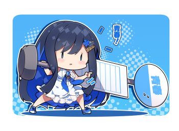 1girl bare_arms bare_shoulders black_hair blue_background blue_eyes blue_flower blue_hair blue_shoes blush_stickers border breasts brooch bus_stop_sign cevio chibi colored_shadow commentary_request dress flower futaba_minato hair_between_eyes hair_flower hair_ornament hairclip halftone halftone_background hands_up highres holding holding_sign jewelry long_hair medium_breasts milkpanda multicolored_hair parted_lips pointing shadow shoes sign sleeveless sleeveless_dress solid_oval_eyes solo standing sweat translation_request two-tone_hair very_long_hair white_border white_dress