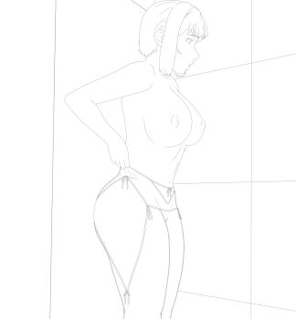 1girl bible_black bible_black_new_testament breasts curvy dressing dressing_self large_breasts mature_female nipples red_hair revealing_clothes shin_bible_black short_hair sketch takashiro_hiroko witch