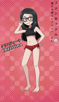 Rule 34 | 1girl, absurdres, armpit crease, barefoot, bikini, black-framed eyewear, black bikini, black hair, bow, bow bikini, breasts, character name, clenched hand, collarbone, curled fingers, eyelashes, fankifalu, feet, female focus, forehead, frilled bikini, frills, full body, glasses, hand on own hip, hand up, happy, highres, japanese text, knee up, knees, leaning forward, legs, lipstick, long hair, looking at viewer, makeup, midriff, multicolored bikini, navel, neck, orange eyes, original, parted bangs, red background, red bikini, sidelocks, small breasts, smile, standing, swimsuit, thighs, toenails, toes, two-tone bikini, v, v over eye
