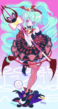 &gt;_&lt; 1girl :o absurdres black_boots black_dress blue_hair boots candy cosplay crescent crinoline dated detached_sleeves dress food full_body gradient_background high_heel_boots high_heels highres holding holding_polearm holding_weapon idol_land_pripara katasumi_amari kurosu_aroma kurosu_aroma_(cosplay) long_hair looking_at_viewer mario_(pripara) mario_(rabbit)_(pripara) open_mouth pink_eyes polearm pretty_series print_dress pripara red_thighhighs shino_bunnys short_dress spoken_object standing standing_on_one_leg stepping_on_non-human stuffed_animal stuffed_rabbit stuffed_toy thighhighs trident twintails weapon