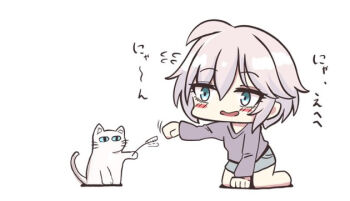 1girl anastasia_(idolmaster) animal blue_eyes blush_stickers brown_hair cat chibi flying_sweatdrops grey_skirt hair_between_eyes idolmaster idolmaster_cinderella_girls kawamochi_(kawauti919) long_sleeves parted_lips purple_shirt role_reversal shadow shirt simple_background skirt smile solo translation_request white_background white_cat