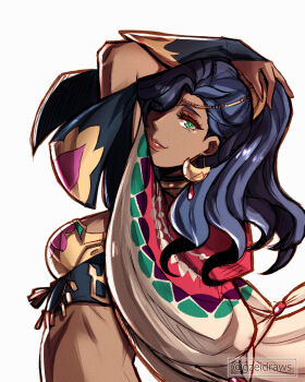 1girl blue_hair circlet closed_mouth commentary dancer dark-skinned_female dark_skin earrings fire_emblem fire_emblem:_fortune&#039;s_weave green_eyes gzei hair_over_one_eye highres jewelry leda_(fire_emblem) lips long_hair looking_at_viewer midriff nintendo one_eye_covered pink_lips ponytail simple_background smile solo twitter_username white_background