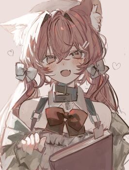 1girl absurdres animal_ear_fluff animal_ears blush book dog_ears fang highres holding holding_book open_mouth original red_hair ribbon sushineko8