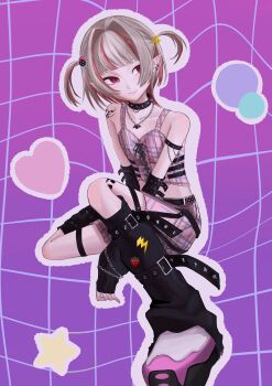 Rule 34 | 1girl, absurdres, amachi 9, arm belt, arm strap, bare shoulders, bat necklace, belt, black arm warmers, black belt, black collar, black leg warmers, black straps, blunt bangs, blush, chain, chain bracelet, chain necklace, closed mouth, collar, collarbone, colored inner hair, crop top, cross-laced clothes, cross-laced top, earclip, fang, food print, fruit print, full body, gradient background, grey hair, hair bobbles, hair intakes, hair ornament, heart, highres, jewelry, knee up, leg belt, leg tattoo, leg warmers, lightning bolt print, looking to the side, loose belt, makaino ririmu, makaino ririmu (6th costume), midriff, miniskirt, multicolored hair, multiple belts, necklace, nijisanji, no headwear, no jacket, o-ring collar, outline, pendant, pink hair, pink shoes, pink skirt, pink streaks, plaid clothes, plaid skirt, pleated skirt, pointy ears, purple background, red eyes, shoes, short hair, shoulder tattoo, sitting, skin fang, skirt, sleeveless, smile, solo, spiked collar, spikes, star (symbol), star hair ornament, strawberry print, streaked hair, studded belt, tattoo, thigh strap, two-tone hair, two side up, virtual youtuber, white outline, winged heart, winged heart tattoo, wolf cut, zipper top