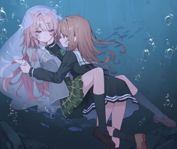 2girls air_bubble bang_dream! bang_dream!_it's_mygo!!!!! black_shoes black_socks blood blood_on_face blue_eyes blue_shirt blue_skirt brown_hair brown_shoes bubble chihaya_anon commentary_request diagonal-striped_clothes diagonal-striped_necktie green_necktie grey_jacket hand_on_another's_cheek hand_on_another's_face haneoka_school_uniform highres injury jacket kneehighs loafers long_hair long_sleeves maidcode1023 multiple_girls nagasaki_soyo necktie pink_hair pleated_skirt revision school_uniform shirt shoes skirt socks striped_clothes tsukinomori_school_uniform underwater veil yuri