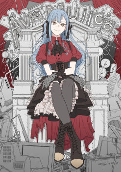 Rule 34 | 1girl, ascot, bang dream!, bang dream! it's mygo!!!!!, black ascot, black boots, black corset, black pantyhose, black ribbon, black skirt, blue hair, boots, breasts, closed mouth, collared shirt, commentary, corset, gloves, grey gloves, hair ribbon, highres, ishinomaki rokorou, long hair, medium breasts, oblivionis (bang dream!), pantyhose, puffy short sleeves, puffy sleeves, red shirt, ribbon, shirt, short sleeves, sidelocks, sitting, skirt, solo, throne, togawa sakiko, yellow eyes