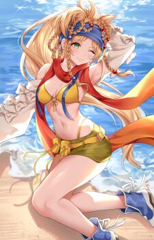 1girl absurdres arm_up beach belt bikini bikini_under_skirt blonde_hair blue_headband blue_shoes braid breasts commentary_request detached_sleeves final_fantasy final_fantasy_x final_fantasy_x-2 green_eyes grin headband highres long_hair medium_breasts miniskirt multiple_braids navel ocean one_eye_closed red_scarf rikku_(ff10) sachiko_nya scarf shoes skirt smile solo stomach swimsuit thighs very_long_hair yellow_belt yellow_bikini