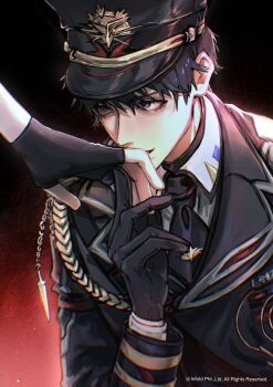 1boy 1girl black_gloves black_hair black_hat black_jacket black_necktie caleb_(love_and_deepspace) collared_shirt commentary commission english_commentary fingerless_gloves gloves gold_trim hair_between_eyes hat hetero highres infold_pte._ltd. jacket kiss kissing_hand love_and_deepspace male_focus military_hat military_jacket military_uniform necktie parted_lips protagonist_(love_and_deepspace) shibaruirui shirt short_hair upper_body