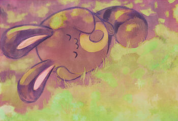 :3 animal_focus closed_eyes closed_mouth commentary_request full_body gen_2_pokemon grass lying mine101 nintendo no_humans on_side outdoors pokemon pokemon_(creature) sentret sleeping solo