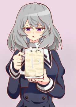 1girl assault_lily beer_mug black_skirt blush buttons commentary_request cropped_jacket cum cum_in_container cum_in_cup cup gradient_background grey_hair hair_between_eyes hands_up hata_matsuri high-waist_skirt holding holding_cup juliet_sleeves long_sleeves looking_at_object medium_hair mug parted_lips puffy_sleeves purple_background purple_eyes raised_eyebrows school_uniform shippaishita_kome_kouji skirt solo symbol-shaped_pupils upper_body yurigaoka_girls_academy_school_uniform