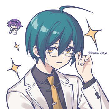 2boys ahoge alternate_costume artist_name black_shirt collared_shirt danganronpa_(series) danganronpa_v3:_killing_harmony ewa_(seraphhuiyu) glasses green_hair hand_up highres jacket long_sleeves male_focus multiple_boys necktie oma_kokichi open_clothes open_jacket orange_eyes orange_necktie saihara_shuichi shirt short_hair simple_background smile solo_focus sparkle tie_clip white_background white_jacket