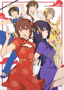 Rule 34 | black hair, blue eyes, border, braid, brown eyes, china dress, chinese clothes, cloud print, double bun, dress, hair bun, hair ornament, hibike! euphonium, highres, katou hazuki, kawashima sapphire, kousaka reina, kuroe mayu, locked arms, long hair, matarasu (aaaaaaaaj), medium hair, one eye closed, oumae kumiko, purple dress, purple eyes, red border, red dress, short hair, sidelocks, simple background, smile, thighs, white background, yellow dress