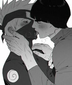 2boys black_hair blunt_bangs blunt_ends blush bowl_cut cheekbones closed_eyes commentary_request fingerless_gloves gloves grey_hair greyscale half-closed_eyes hand_on_another's_chest hand_on_another's_neck hand_on_another's_shoulder hatake_kakashi headband heavy_breathing highres kiss kissing_through_mask korean_commentary looking_at_another m0_mo_momo male_focus mask might_guy monochrome mouth_mask multiple_boys naruto_(series) short_hair spiked_hair sweat thick_eyebrows tongue tongue_out upper_body white_background yaoi