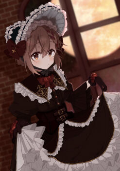1boy asuka_kanzaki belt_buckle black_corset black_dress black_gloves blurry blurry_background blush bonnet bow bowtie braid brick_wall brown_eyes brown_hair buckle chinstrap closed_mouth collared_dress commentary_request corset cowboy_shot cross cross_hat_ornament crossdressing crossdressing_(mtf) depth_of_field double-parted_bangs dress flower frilled_bonnet frilled_dress frilled_shirt_collar frills gloves gothic_lolita hair_between_eyes hat hat_bow ksrgiing latin_cross lolita_fashion long_sleeves looking_at_viewer male_focus mole mole_under_eye original petticoat puffy_long_sleeves puffy_sleeves puritan_collar red_bow red_bowtie red_flower red_rose rose short_hair single_braid skirt_hold solo trap wide_sleeves window