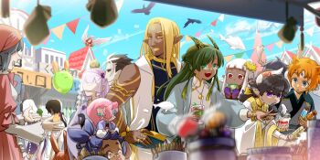Rule 34 | animal ears, armlet, azarak fafnir, bird, black hair, black horns, blue hair, blunt bangs, blurry, blurry foreground, bracelet, cloud, dark-skinned male, dark skin, day, earrings, electrum (pfsoz), facial mark, forehead mark, fuu (pixiv fantasia age of starlight), green eyes, green hair, hair ornament, hand on own hip, highres, hoop earrings, horns, jar, jewelry, long hair, marcel (pixiv fantasia age of starlight), market, multiple rings, orange eyes, outdoors, pixiv fantasia, pixiv fantasia scepter of zeraldia, purple eyes, ranjullo tomorry, red eyes, ring, sou- -you, string of flags, vial, virna fey piedra, yellow eyes, zenaida cuervas