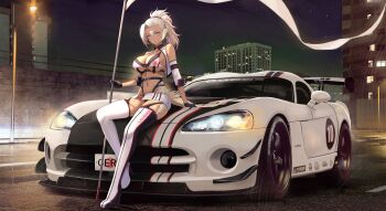 1girl absurdres au_ra bare_shoulders belt bikini black_gloves boots breasts car choker cleavage commentary commission cropped_jacket detached_sleeves dodge_(company) dodge_viper dodge_viper_acr dragon_horns final_fantasy final_fantasy_xiv flag garter_straps gloves grey_eyes high_heel_boots high_heels highres holding holding_flag horns jacket kcar66t large_breasts long_hair looking_at_viewer midriff miniskirt motor_vehicle multicolored_boots navel night on_car open_clothes open_jacket outdoors ponytail red_choker sitting skindentation skirt sleeveless sleeveless_jacket solo sports_car stomach string_bikini swimsuit thigh_boots thighhighs two-tone_boots underboob vehicle_request vgen_commission warrior_of_light_(ff14) white_bikini white_hair white_jacket white_skirt white_thighhighs wide_shot