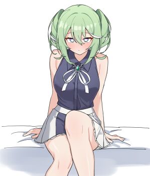 1girl absurdres arm_at_side arm_support blush breasts bright_pupils brooch closed_mouth collared_shirt commentary double-parted_bangs feet_out_of_frame green_hair grey_shirt hair_between_eyes highres jewelry knee_up korean_commentary large_breasts long_bangs maksagwa medium_hair miniskirt multicolored_eyes neck_ribbon ribbon shirt simple_background sitting skirt sleeveless sleeveless_shirt solo stellive twintails two-tone_eyes variant_set virtual_youtuber white_background white_pupils white_ribbon white_skirt wing_collar yuzuha_riko