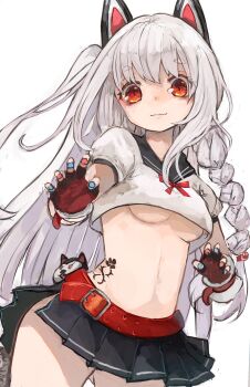 1girl animal_ears asymmetrical_hair azur_lane black_sailor_collar black_skirt blue_nails blush braid breasts claw_pose closed_mouth commentary_request crop_top crop_top_overhang cropped_shirt fake_animal_ears fangs fingerless_gloves gloves grey_hair highres jewelry linea_alba long_hair looking_at_viewer medium_breasts microskirt midriff multicolored_nails nail_polish navel neck_ring no_bra nyucha one_side_up pink_nails pleated_skirt puffy_short_sleeves puffy_sleeves red_eyes red_ribbon ribbon sailor_collar school_uniform serafuku short_sleeves side_braid simple_background skin_fangs skirt slit_pupils smile solo tail thick_eyebrows underboob white_background wolf_ears wolf_tail yuudachi_(azur_lane)