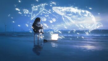 1girl absurdres beach black_hair chair closed_eyes computer fish highres konya_karasue laptop original reflection reflective_liquid short_hair sitting solo