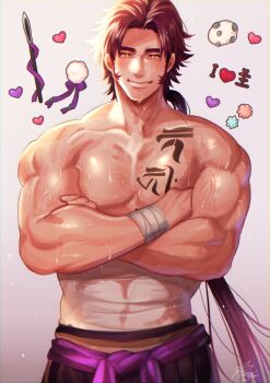 1boy bara candy chest_tattoo commentary_request crossed_arms daifuku food heart konpeitou long_sideburns male_focus midriff_sarashi muscular muscular_male polearm ponytail red_hair sarashi siddham sideburns smile spear sweat tachibana_kuniei tattoo tonbokiri_(touken_ranbu) topless_male touken_ranbu weapon yari yellow_eyes