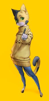 1girl absurdres black_skin brown_sweater cat_girl cat_tail colored_skin commentary denim english_commentary full_body furry furry_female green_eyes highres jeans long_sleeves multicolored_skin orange_background original pants pita-potato simple_background solo standing sweater tail v white_skin yellow_skin