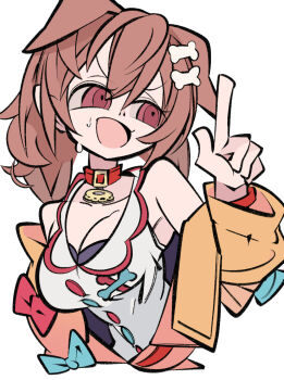 1girl animal_ears bone_hair_ornament breasts brown_eyes brown_hair cleavage collar cxdotchison dog_ears hair_ornament highres hololive inugami_korone open_mouth paw_ornament pointing pointing_up solo virtual_youtuber