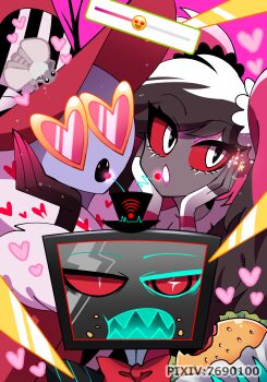 1girl 2boys :o black_gloves black_hair black_hat black_mouth bow bowtie burger colored_sclera colored_skin commentary_request dark-skinned_female dark_skin eating elbow_gloves eyeshadow fangs fewer_digits fingerless_gloves fingernails food gloves hair_between_eyes hair_ornament hand_on_own_cheek hand_on_own_face hands_on_own_cheeks hands_on_own_face hat hazbin_hotel heart heart-shaped_eyewear heart_print hellaverse highres holding holding_burger holding_food jitome long_fingernails looking_at_viewer makeup menattou multicolored_hair multiple_boys nail_polish object_head open_mouth pink_background pink_eyeshadow pink_gloves pink_hair pink_lips portrait prototype_design purple_skin red-tinted_eyewear red_bow red_bowtie red_hat red_nails red_sclera ringed_eyes sharp_teeth simple_background slit_pupils streaked_hair striped_clothes striped_gloves swept_bangs teeth television tinted_eyewear top_hat tsurime twintails two-tone_gloves upper_body valentino_(hazbin_hotel) velvette_(hazbin_hotel) vox_(hazbin_hotel) white_eyes white_gloves white_hair wi-fi_symbol yellow-framed_eyewear yellow_theme