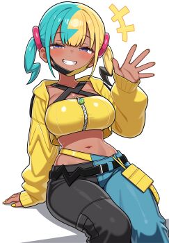 1girl absurdres blonde_hair breasts canari_(pokemon) dark-skinned_female dark_skin highres jacket large_breasts mask multicolored_hair navel nintendo pants pokemon pokemon_legends:_z-a shiguren_39 simple_background smile solo twintails white_background yellow_jacket