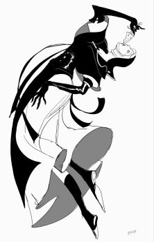 1girl black_boots black_capelet black_gloves black_hood boots capelet coif dress dynamic_pose elbow_gloves elden_ring elden_ring_nightreign from_side full_body gameplay_mechanics gloves greyscale highres hkch_mch monochrome nun signature solo undertaker_(elden_ring) white_background white_coif white_dress