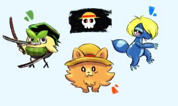 Rule 34 | :3, artist request, bright pupils, brown eyes, browt, color connection, cosplay, fangs, gecqua, gen 10 pokemon, hat, holding, holding sword, holding weapon, jolly roger, jumping, looking at viewer, monkey d. luffy, monkey d. luffy (cosplay), nintendo, no humans, one piece, pokemon, pokemon (creature), pokemon focus, pombon, purple eyes, roronoa zoro, roronoa zoro (cosplay), sanji (one piece), sanji (one piece) (cosplay), santoryu, scar, scar on chest, simple background, standing, standing on one leg, starter pokemon trio, straw hat, sword, weapon, white pupils