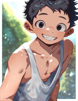 1boy black_hair male_focus original outdoors short_hair smile solo tank_top teeth third-party_edit upper_body waryusa wet wet_clothes white_tank_top