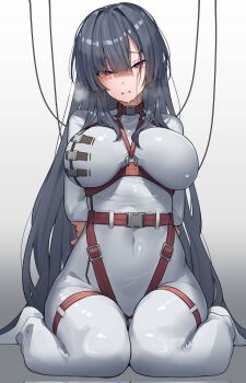 1girl arms_behind_back bdsm black_hair blush bodysuit bondage bound bound_arms breasts code_geass code_geass:_dakkan_no_roze heavy_breathing highres large_breasts long_hair looking_at_viewer red_eyes ringobatake shiny_clothes sitting solo straitjacket strap sumeragi_sakuya wariza white_bodysuit