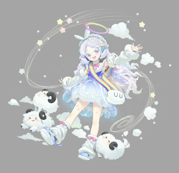 1girl :d absurdres bag blue_dress blue_eyes child cloud cloud_hair detached_sleeves dress grey_background grey_hair halo highres long_hair looking_at_viewer loose_socks multicolored_halo open_mouth original outstretched_arms pekakiu rainbow_halo sheep shoulder_bag simple_background sky_print smile socks solo teeth upper_teeth_only